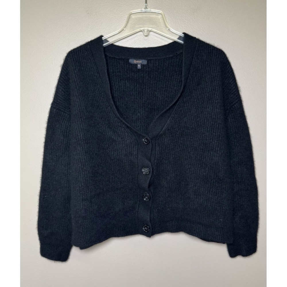 Quince Mongolian Cashmere Fisherman Cropped Cardigan Black Ribbed XL Minimalist